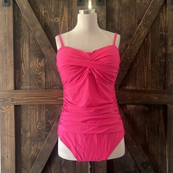 Relleciga Neon Rose Tummy Control Ruched Swimwear Strapless One Piece - Picture 3 of 12